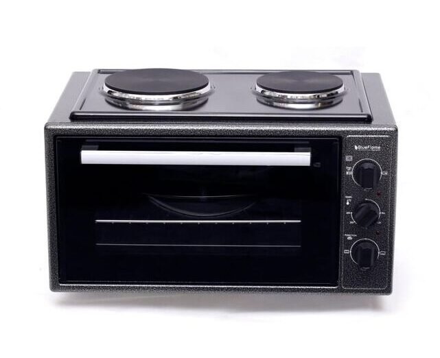 Blueflame 35 litre electric mini oven with two hot plates in inox finish, sold in Uganda