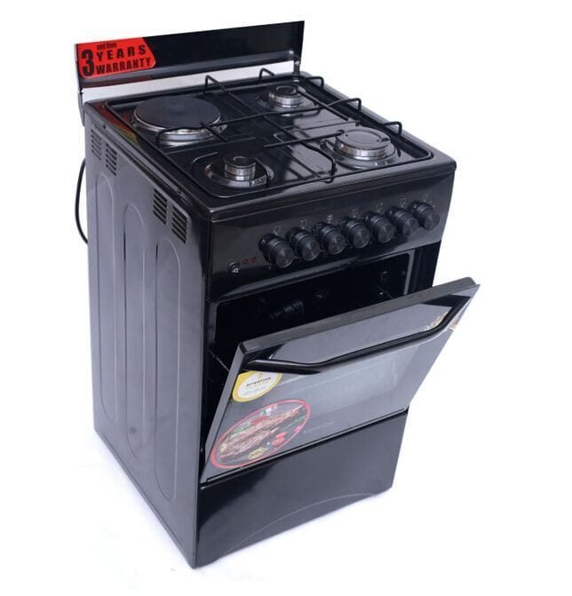 Blueflame 50cm cooker with 3 gas burners and 1 electric plate in black, sold in Uganda