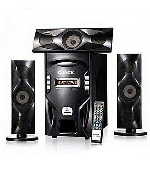 Djack AC DC Bluetooth home theatre speaker with FM radio and USB port in black, sold in Uganda