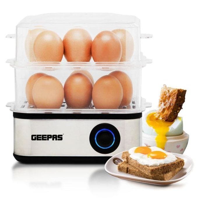 Geepas electric egg boiler for 16 eggs with poacher and omelette maker, sold in Uganda